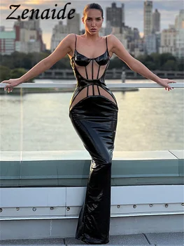 Zenaide Fashion Искусственная кожа Сексуальное облегающее платье Макси Клубные наряды для женщин Вечерние прозрачные платья в сеточку без рукавов в стиле пэчворк
