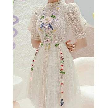 Абрикосовое кружевное платье Женское Элегантное с цветочной вышивкой И пышными рукавами Облегающие платья с высокой талией Роскошное летнее платье