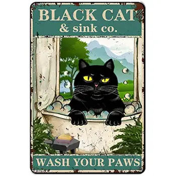 Забавная Металлическая Жестяная Вывеска Для Ванной Комнаты Vintage Black Cat Art Wall Decor Цитата 