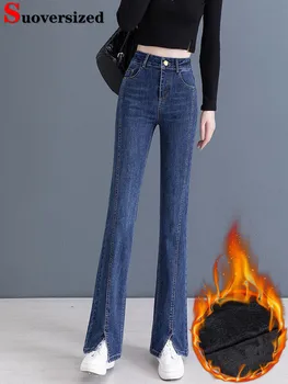 Зимние джинсы-клеш с высокой талией на плюшевой бархатной подкладке, теплые Узкие Джинсовые брюки-стрейч, Корейская утепленная уличная одежда Kot Pantolon