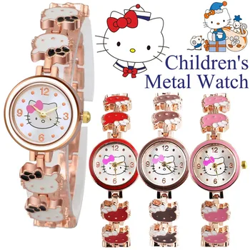 Мультяшные часы Hello Kitty из розового золота, женские часы-браслет, повседневные кварцевые часы для девочек, стальные женские наручные часы, аниме студенческие часы