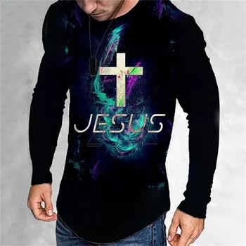 Осенние новые футболки с изображением Иисуса с 3D-печатью, мужская верхняя одежда Y2k, повседневная мужская одежда в стиле ретро, уличная одежда, модная футболка с длинным рукавом