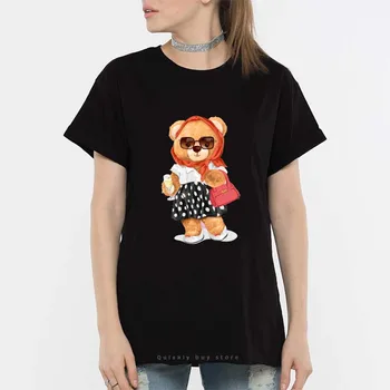 Праздничная футболка с плюшевым мишкой из мультфильма Лето 2023, женская футболка с коротким рукавом и круглым вырезом, летняя уличная одежда Унисекс для девочек