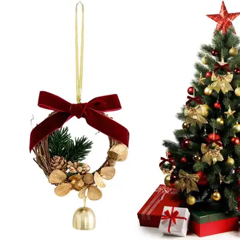 Рождественский колокольчик, гирлянда для елки, Рождественский колокольчик, дверной венок, бант, ремешок, имитация сосновой шишки, подвеска в виде колокольчика, Красно-зеленый орнамент на карнизе
